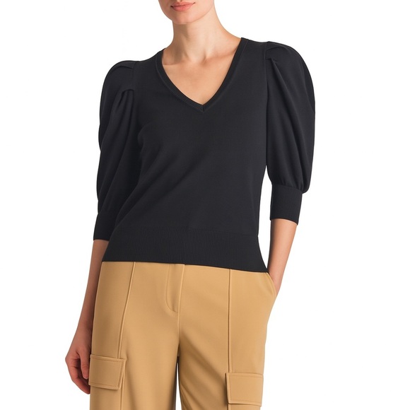 NWT DKNY Black Puff Sleeve V-Neck Sweater Short Sleeve Knit Holiday Top Size XL - Picture 2 of 9